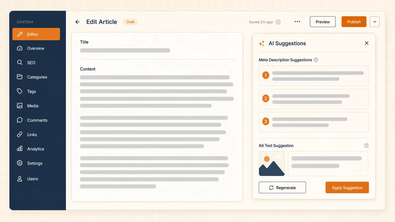 AI suggestions panel inside a Joomla article editor AI suggestions panel inside a Joomla article editor