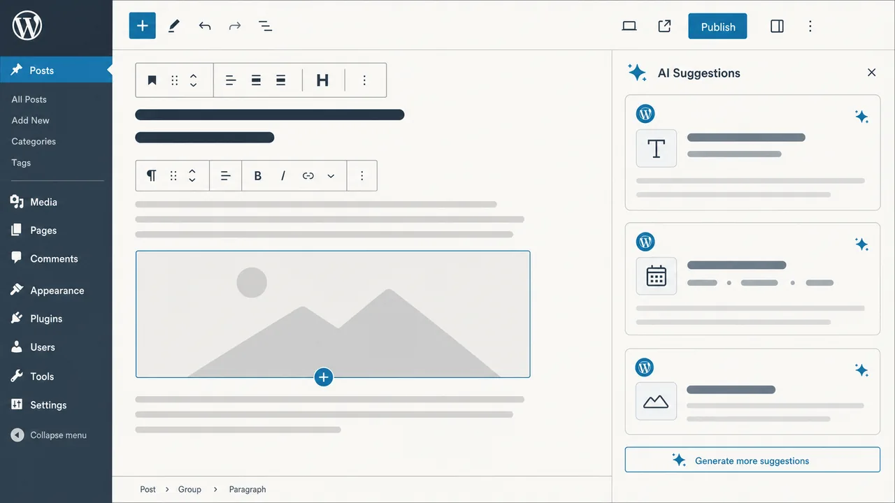 AI suggestions sidebar inside the Gutenberg block editor