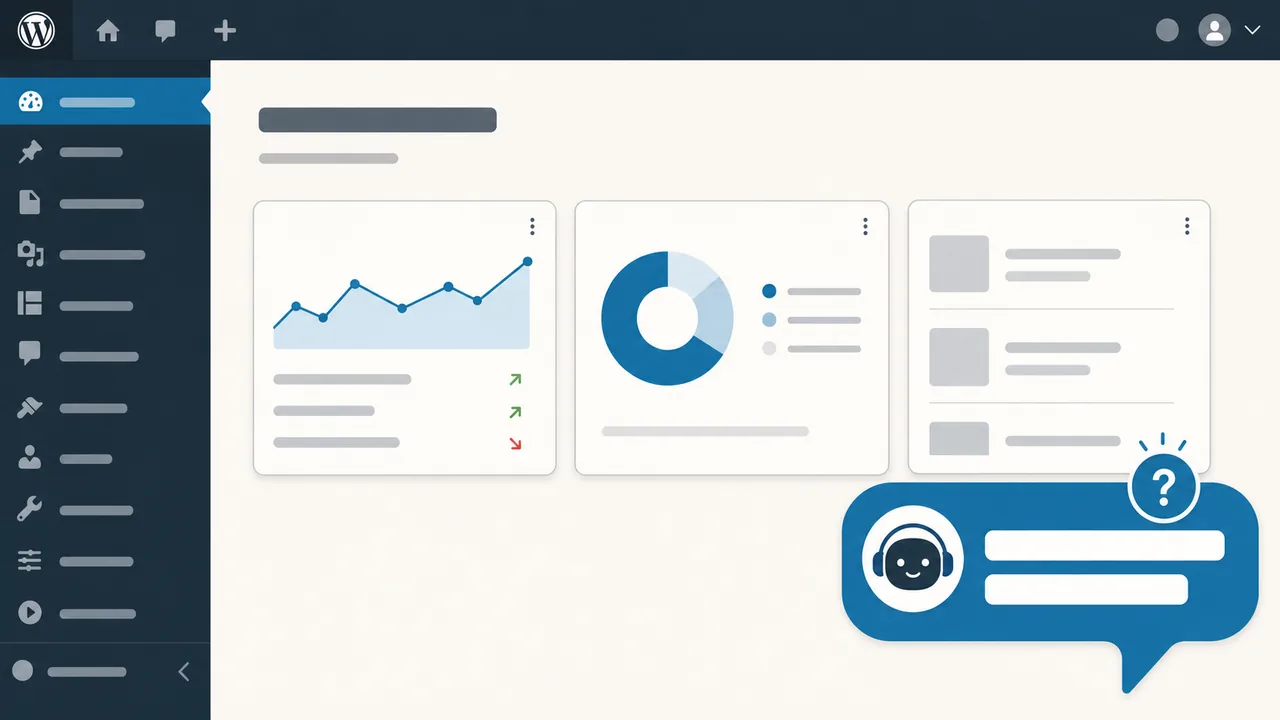 WordPress wp-admin dashboard with AI helper assistant panel