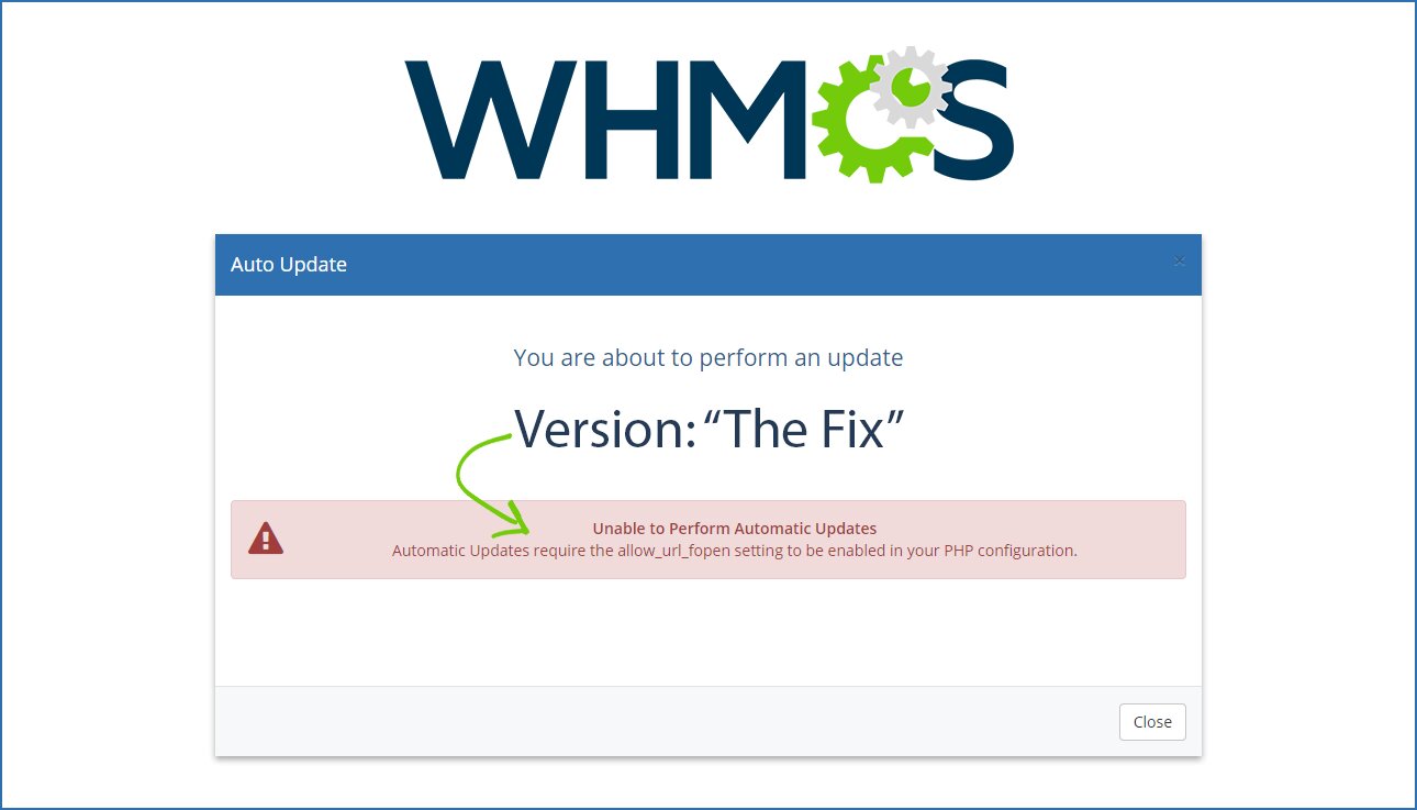WHMCS update screen with PHP allow_url_fopen warning