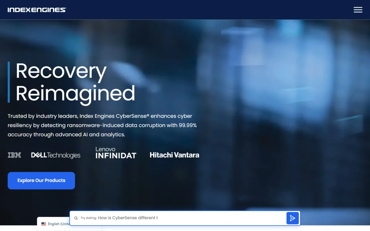 Index Engines website screenshot - Cyber recovery and data resilience platform