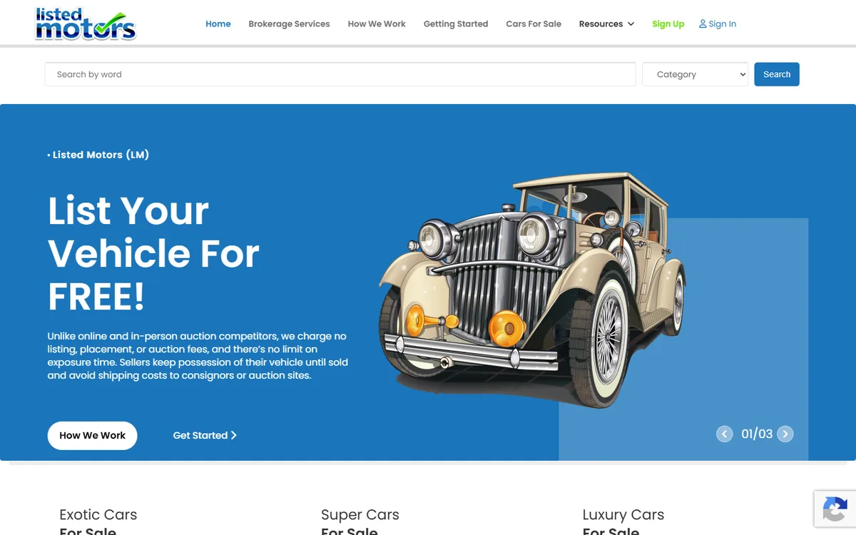 Listed Motors website screenshot - Classic, collector, and luxury car marketplace + brokerage
