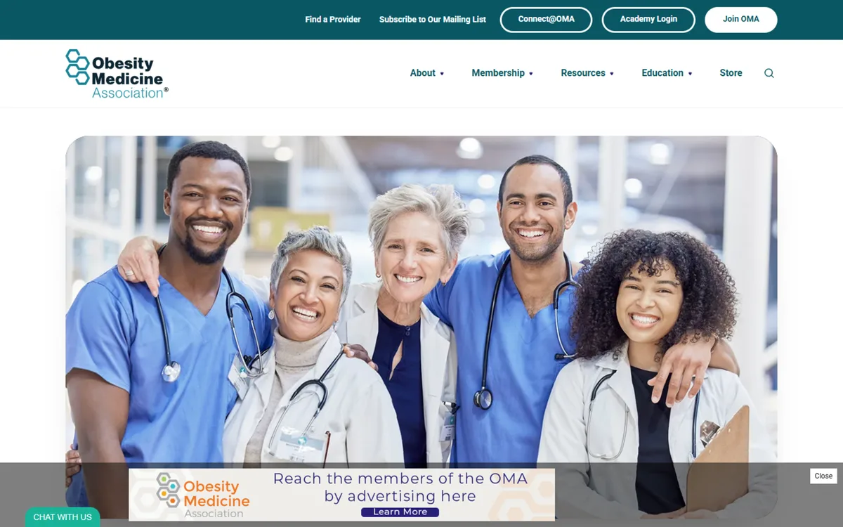 Obesity Medicine Association website screenshot - Clinical association platform and member system