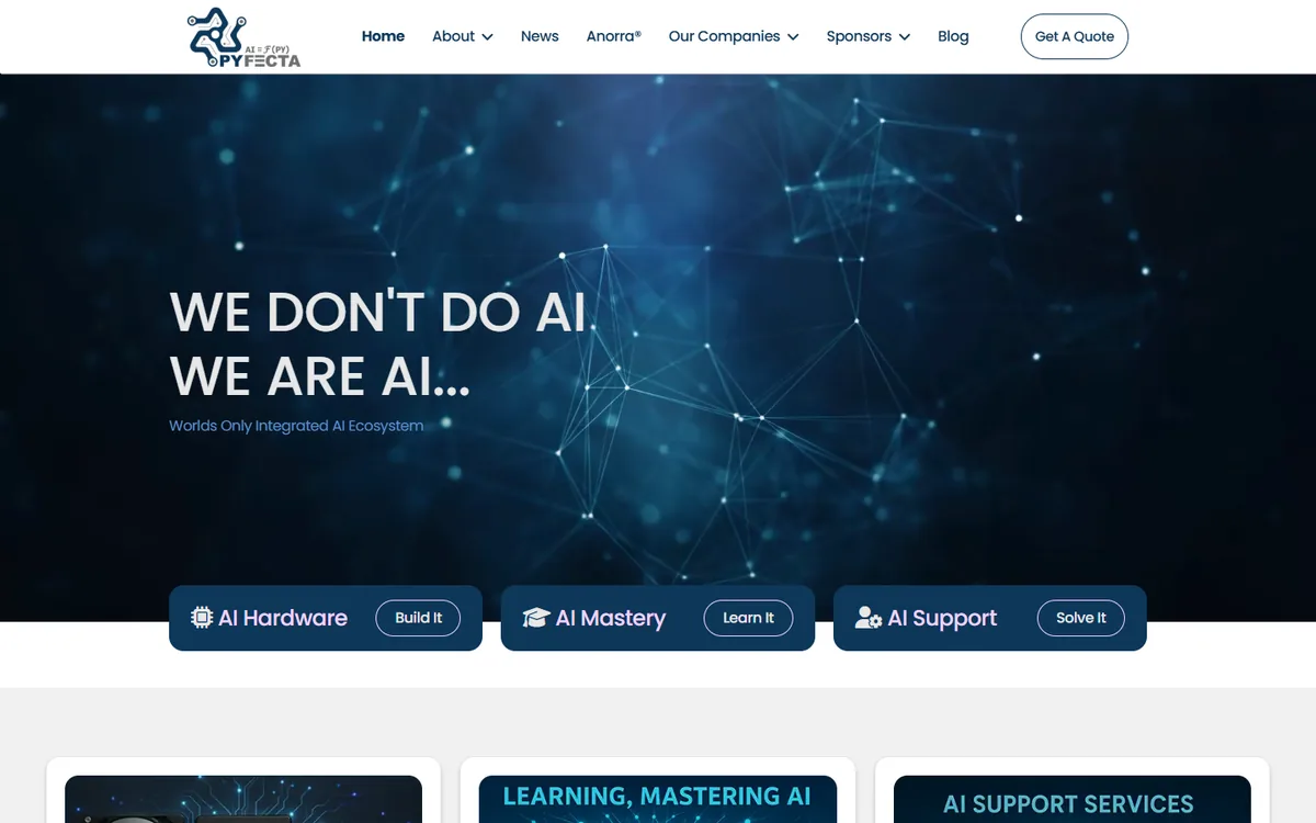 PYfecta website screenshot - Complete AI ecosystem: hardware, learning, and support