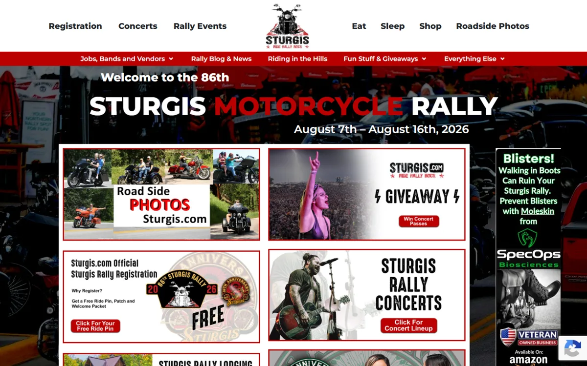Sturgis Motorcycle Rally website screenshot - Event platform for the iconic rally