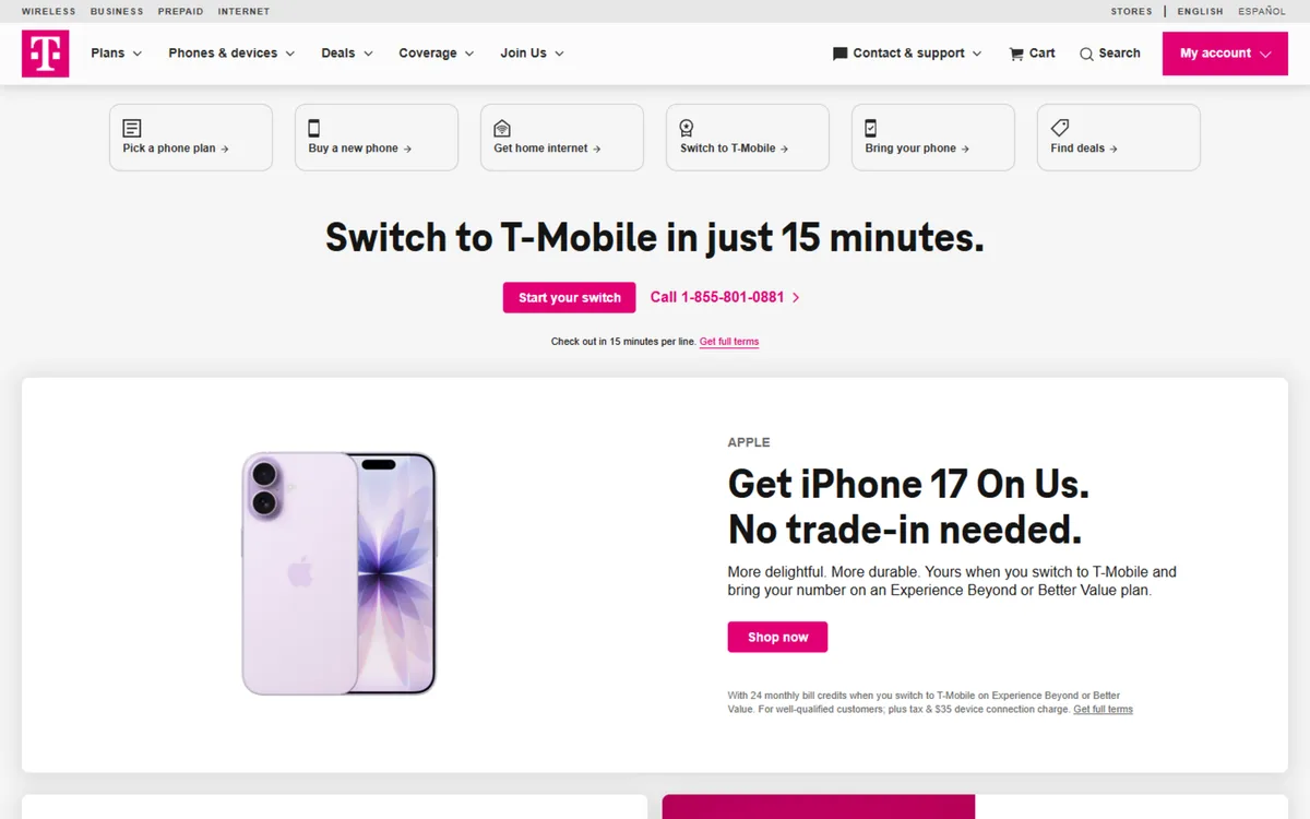 T-Mobile website screenshot - National carrier campaign and tool work