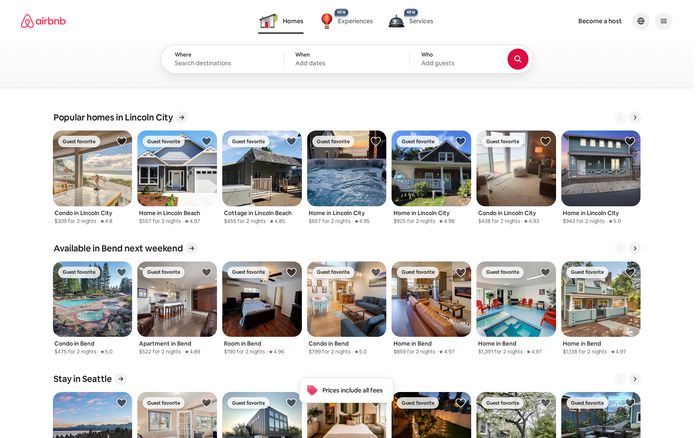 Airbnb app website homepage screenshot