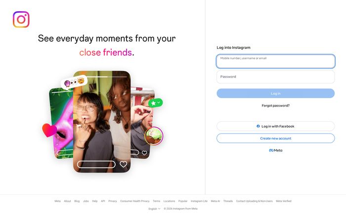 Instagram app website homepage screenshot