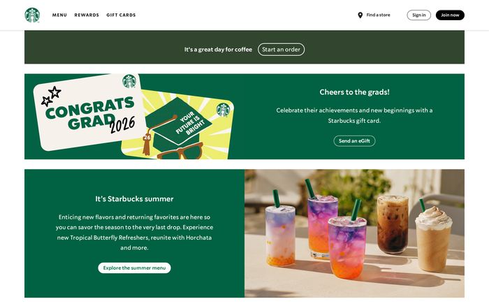 Starbucks app website homepage screenshot